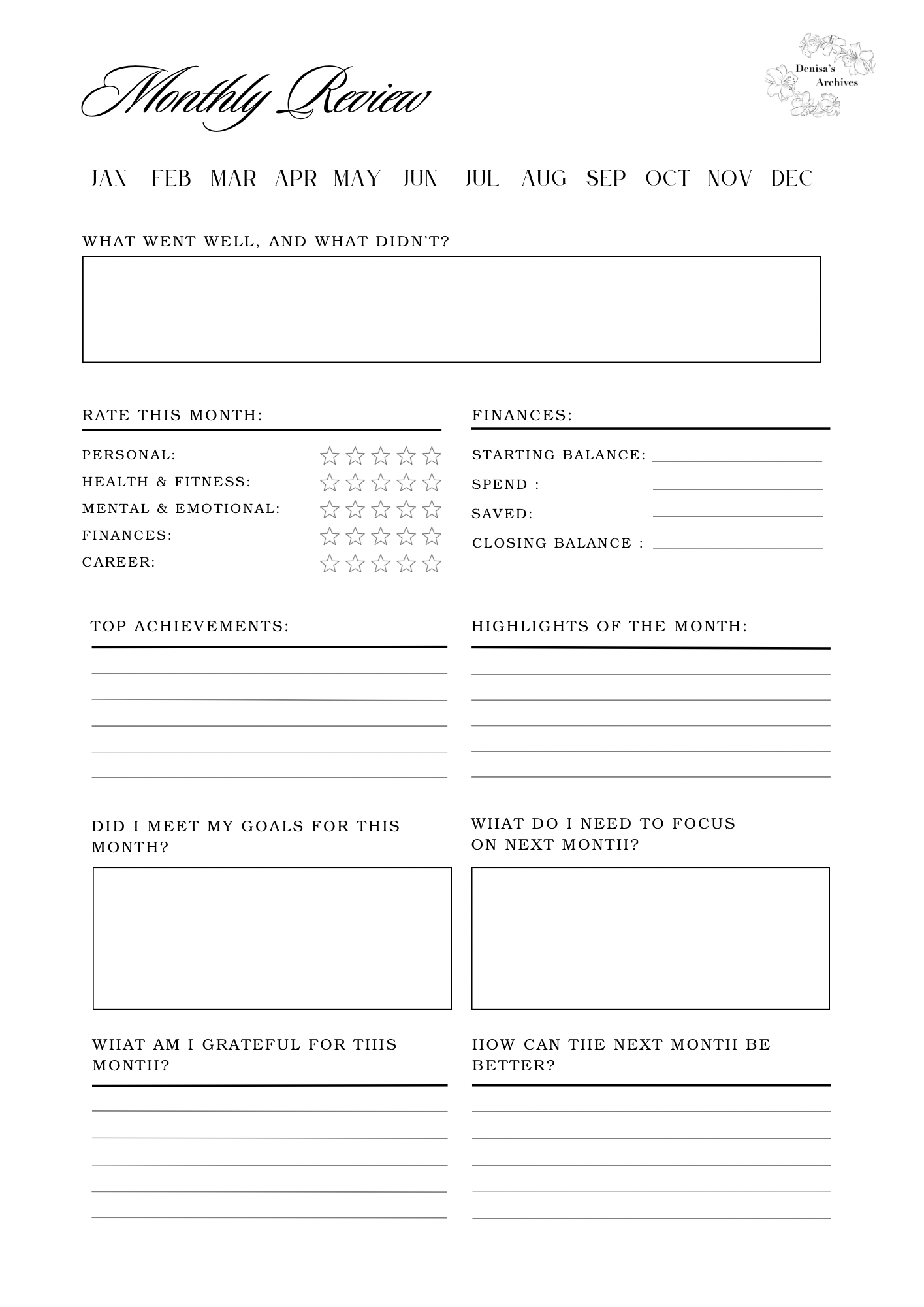Minimalistic monthly Calendar and review template