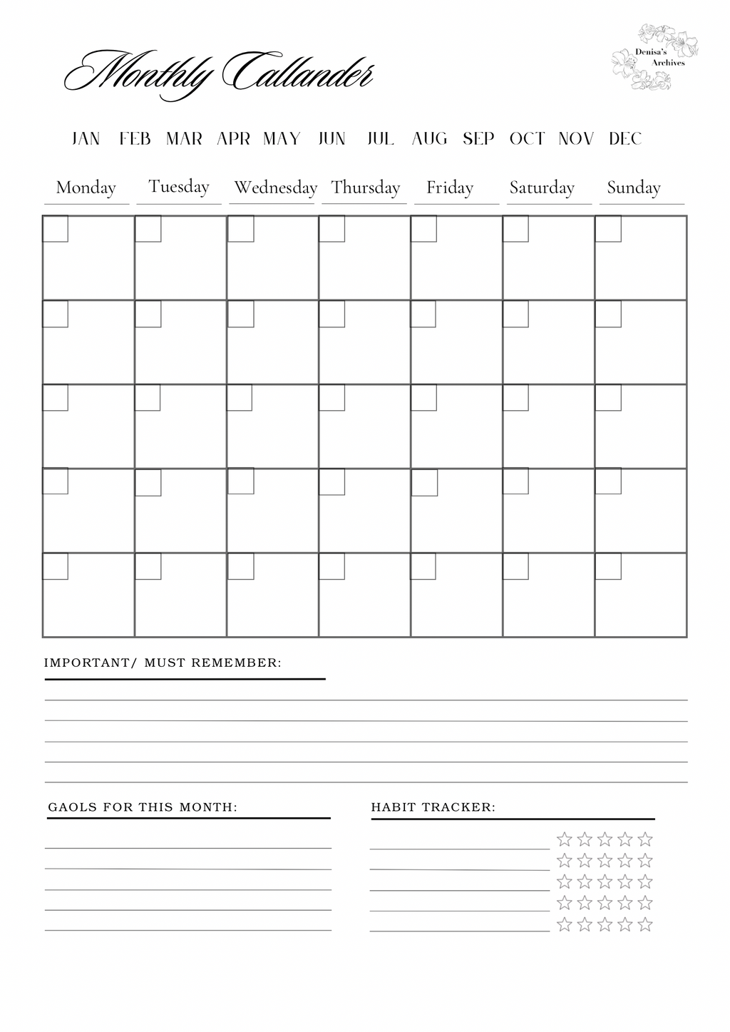 Minimalistic monthly Calendar and review template