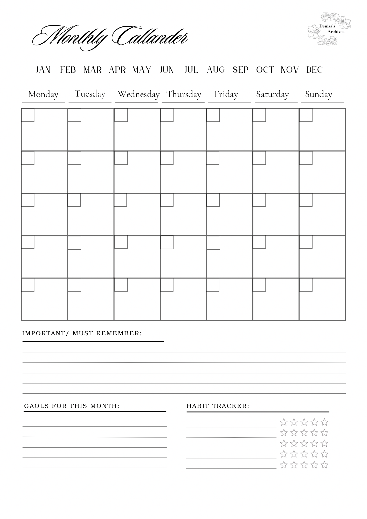 Minimalistic monthly Calendar and review template