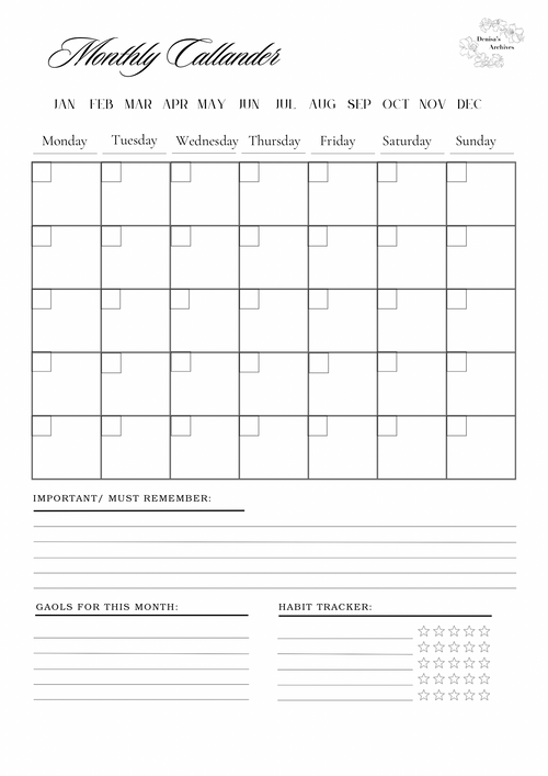 Minimalistic monthly Calendar and review template